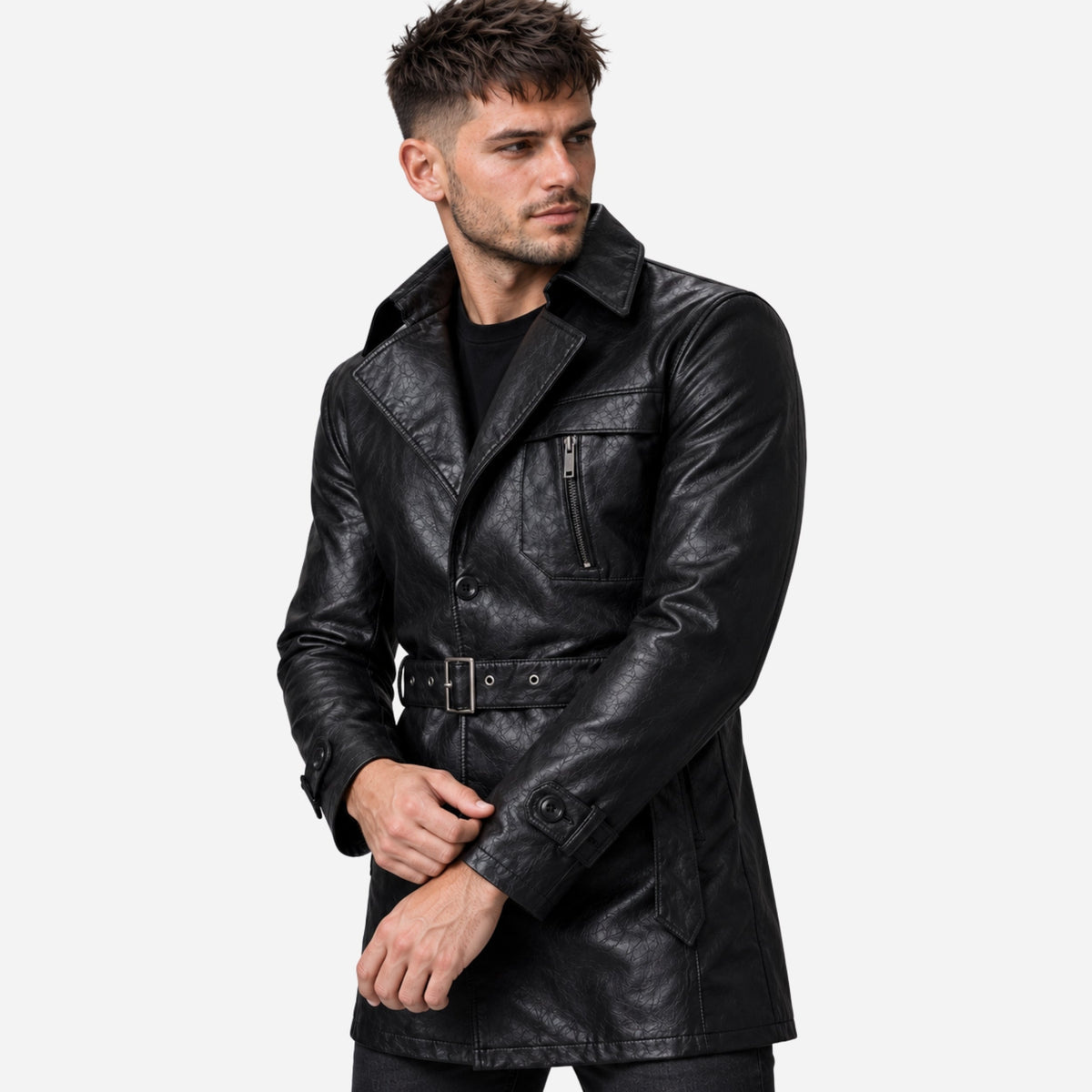 Men's Belted Lapel Button-Front Mid-Length Coat-Fowsa