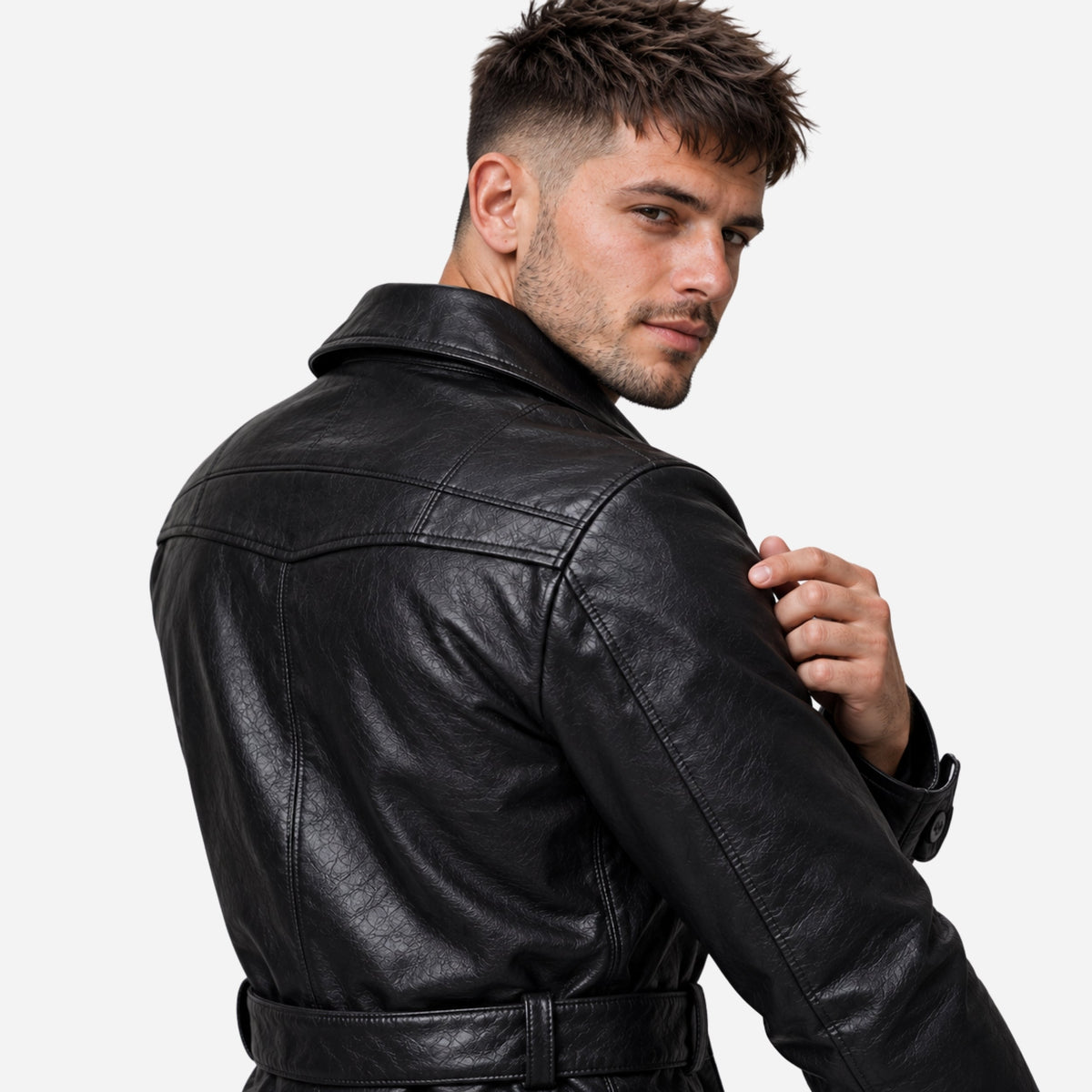 Men's Belted Lapel Button-Front Mid-Length Coat-Fowsa