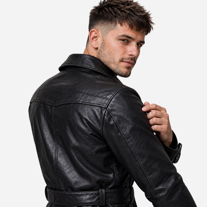 Men's Belted Lapel Button-Front Mid-Length Coat-Fowsa