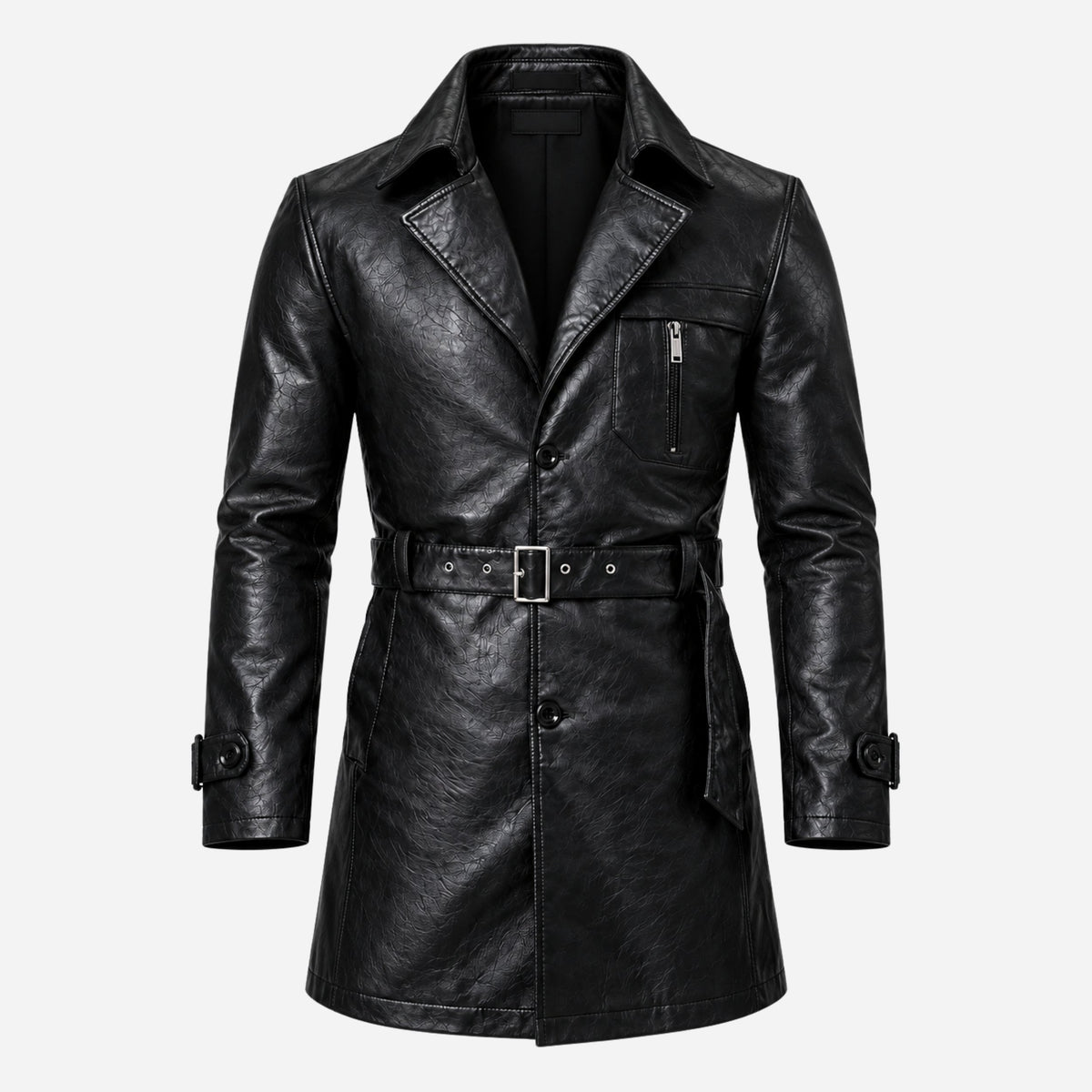 Men's Belted Lapel Button-Front Mid-Length Coat-Fowsa