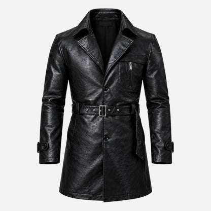 Men's Belted Lapel Button-Front Mid-Length Coat-Fowsa