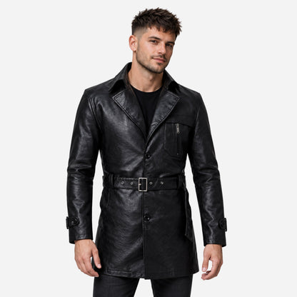 Men's Belted Lapel Button-Front Mid-Length Coat-Fowsa