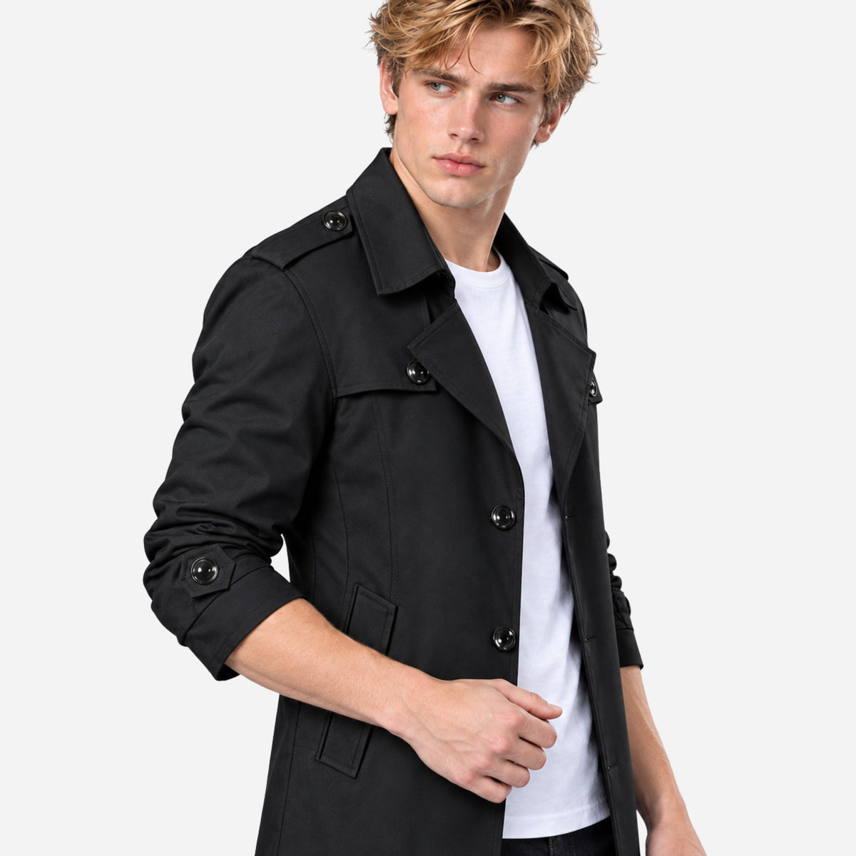 Men's Buttoned-Epaulette Mid-Length Trench Coat-Fowsa