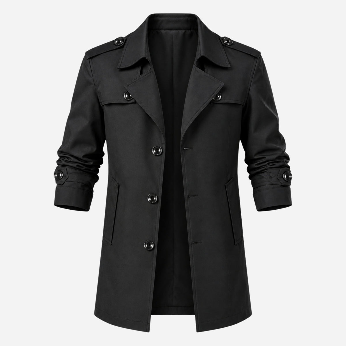 Men's Buttoned-Epaulette Mid-Length Trench Coat-Fowsa