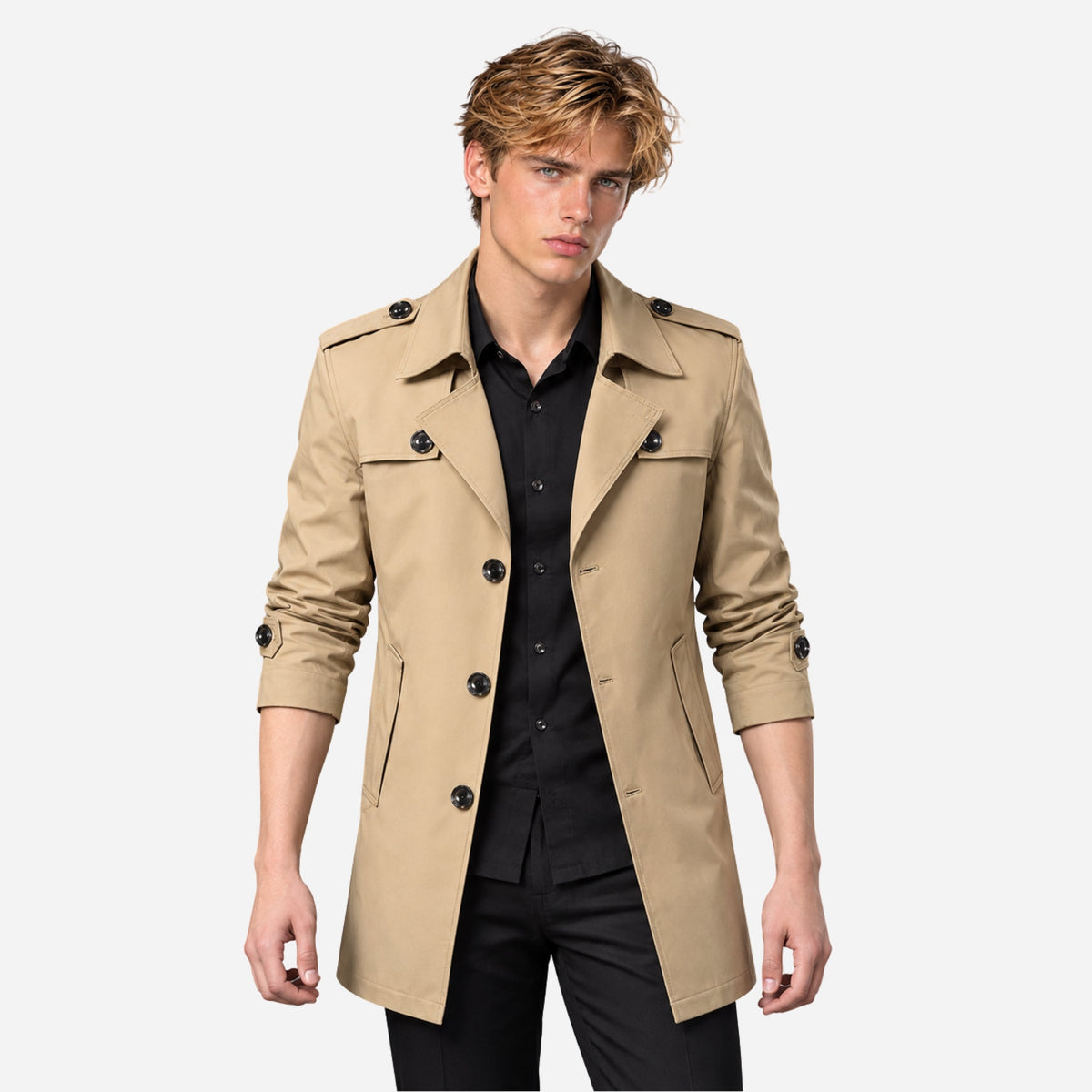 Men's Buttoned-Epaulette Mid-Length Trench Coat-Fowsa