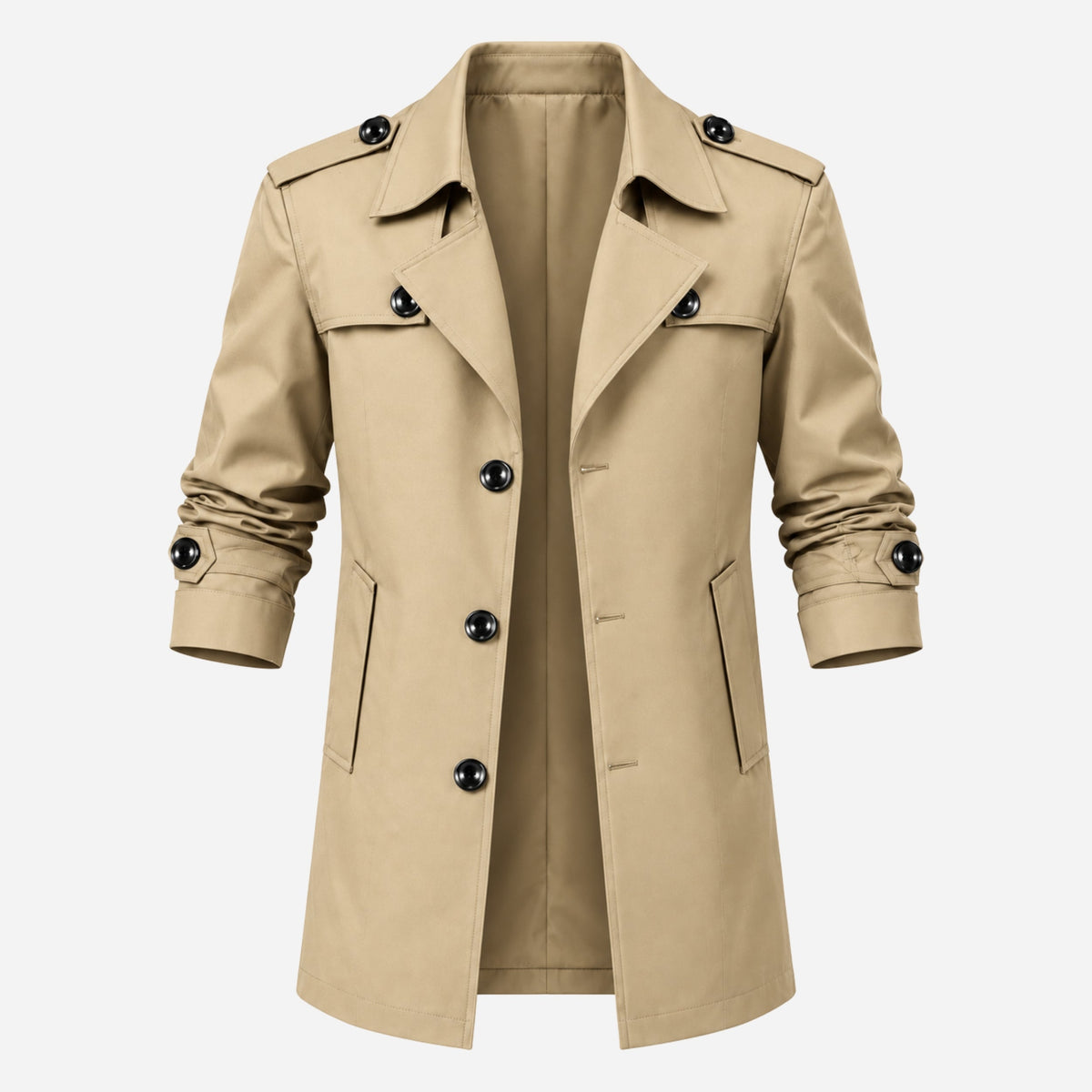 Men's Buttoned-Epaulette Mid-Length Trench Coat-Fowsa