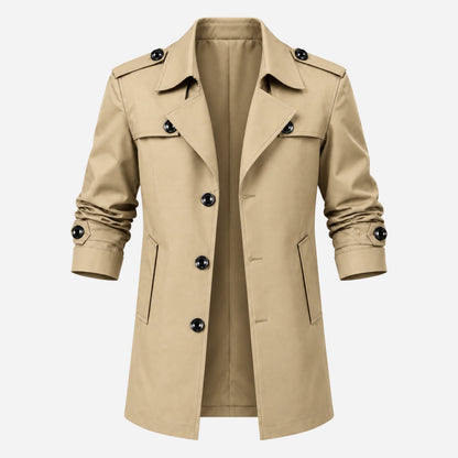 Men's Buttoned-Epaulette Mid-Length Trench Coat-Fowsa
