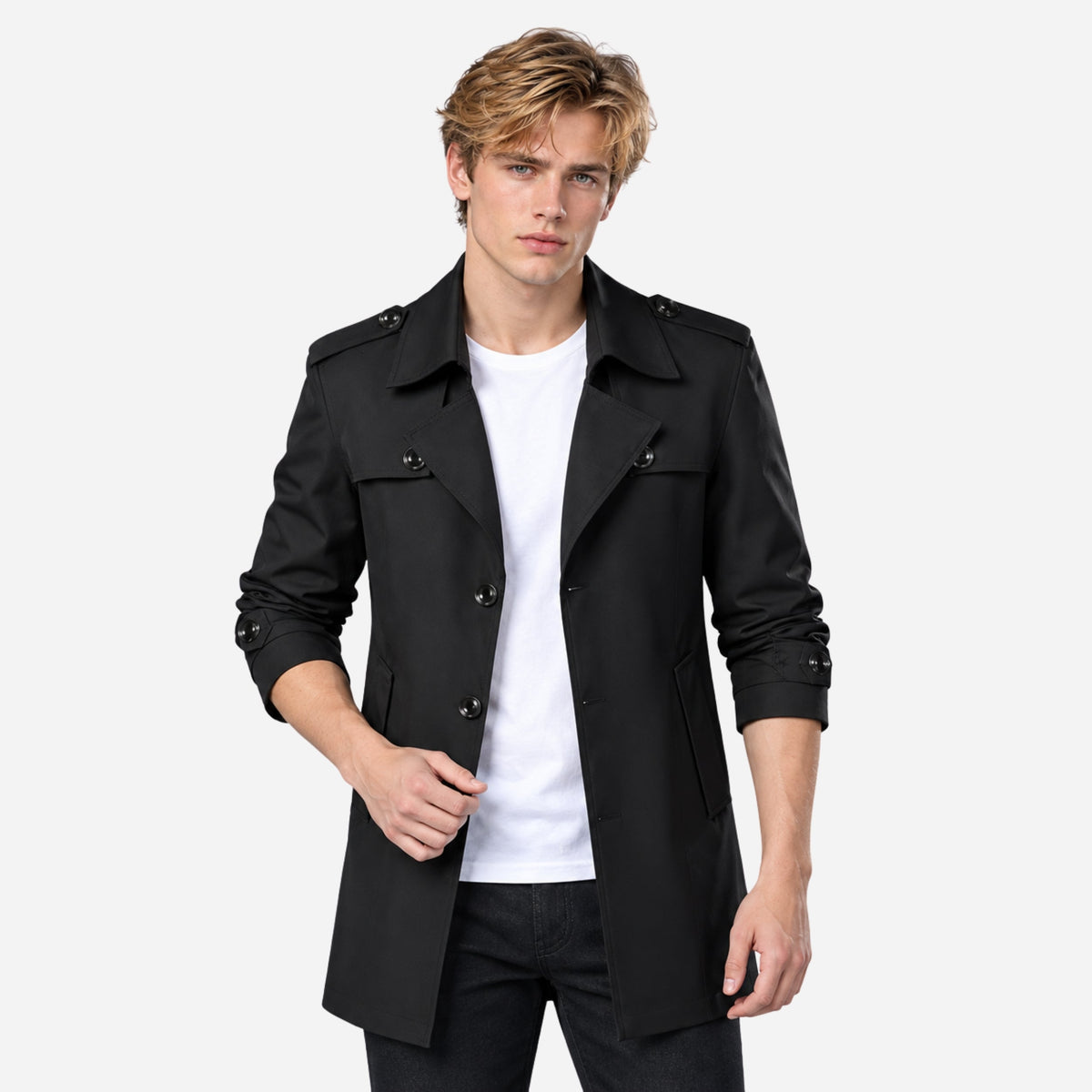 Men's Buttoned-Epaulette Mid-Length Trench Coat-Fowsa