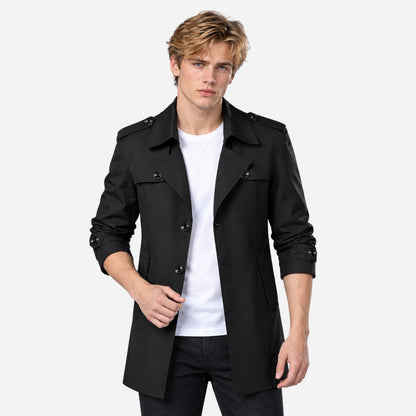 Men's Buttoned-Epaulette Mid-Length Trench Coat-Fowsa