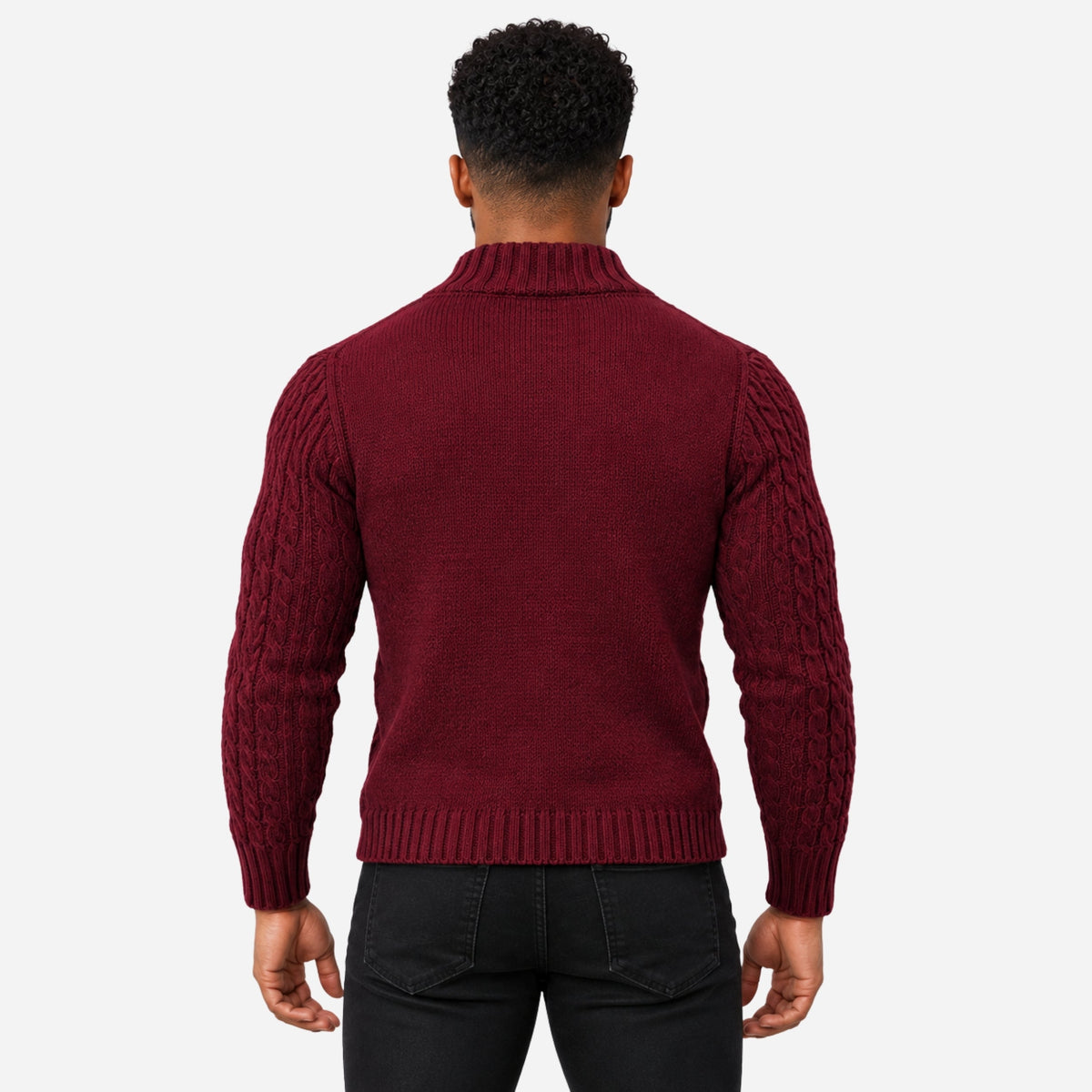 Men’s Buttoned Stand-Collar Cable Knit Jumper-Fowsa