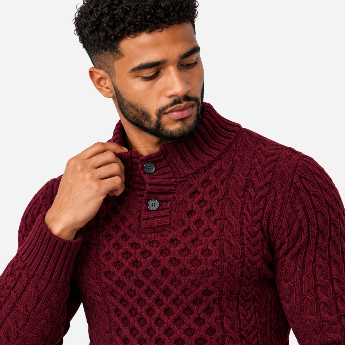 Men’s Buttoned Stand-Collar Cable Knit Jumper-Fowsa