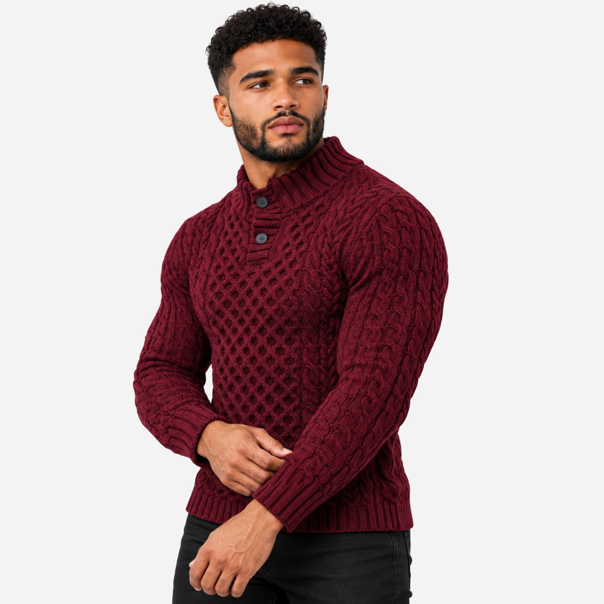 Men’s Buttoned Stand-Collar Cable Knit Jumper-Fowsa
