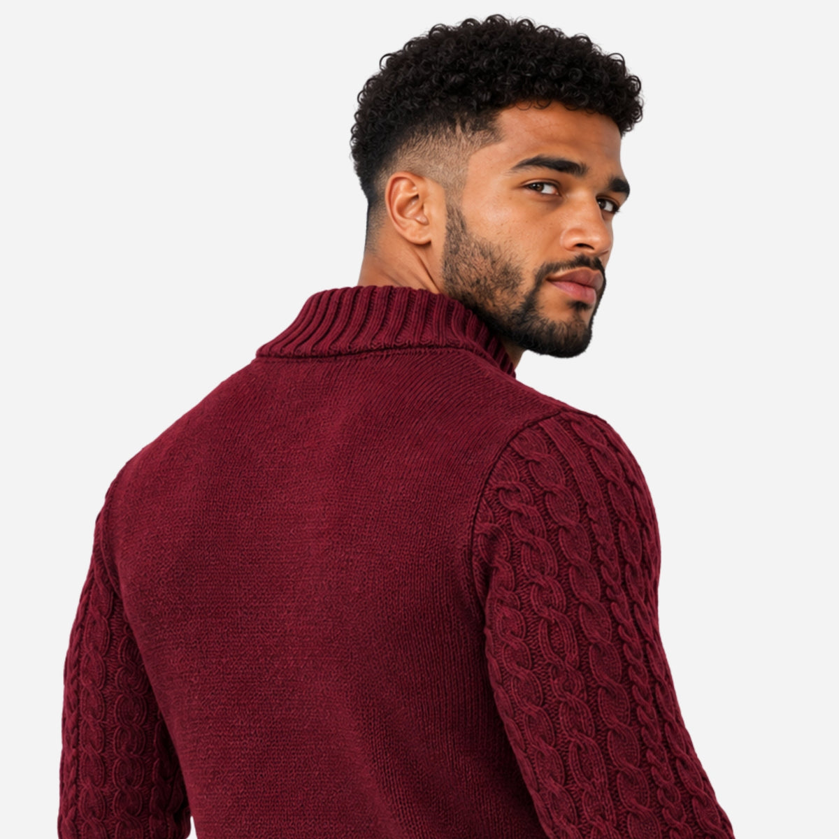 Men’s Buttoned Stand-Collar Cable Knit Jumper-Fowsa
