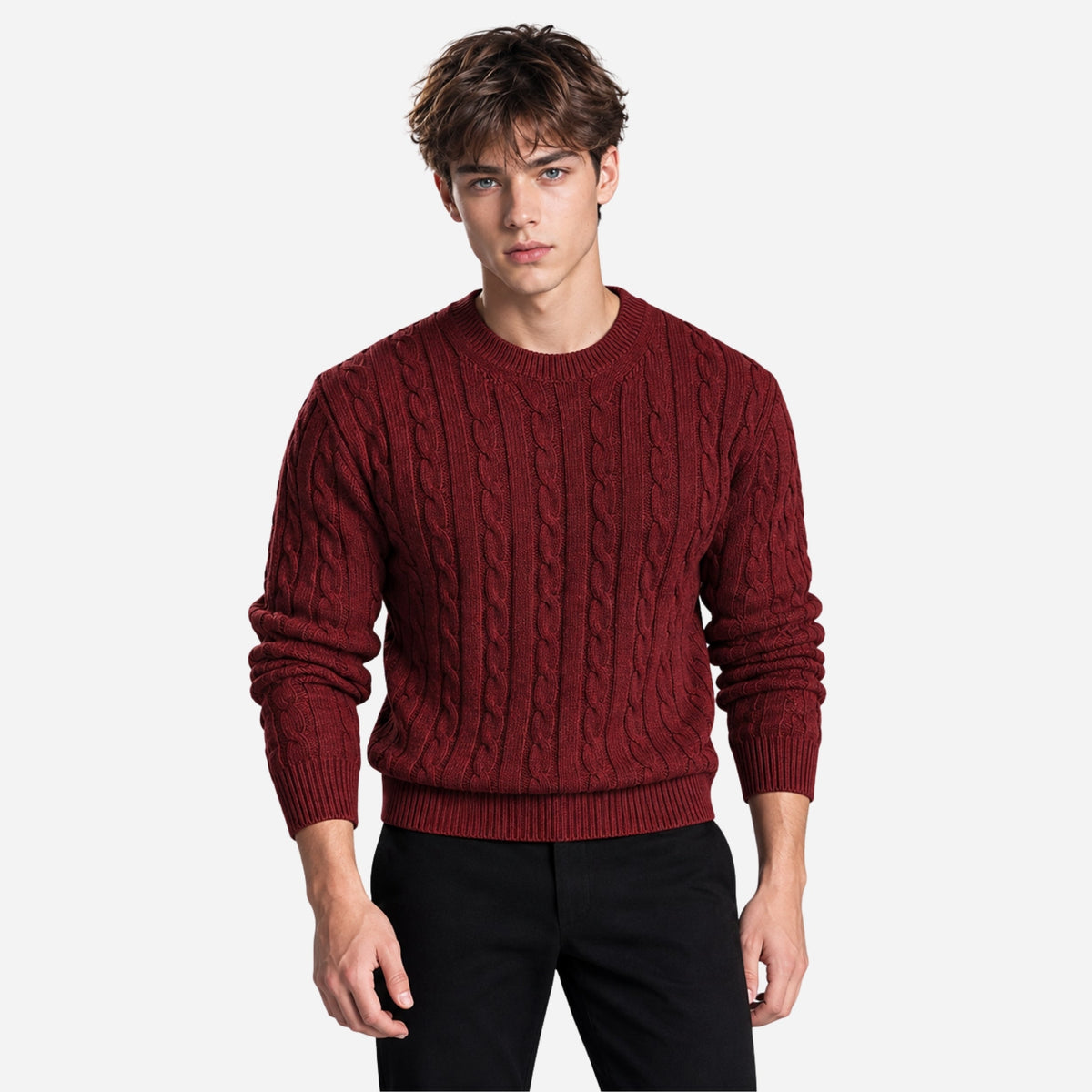 Men's Cable-Knit Crew-Neck Jumper-Fowsa
