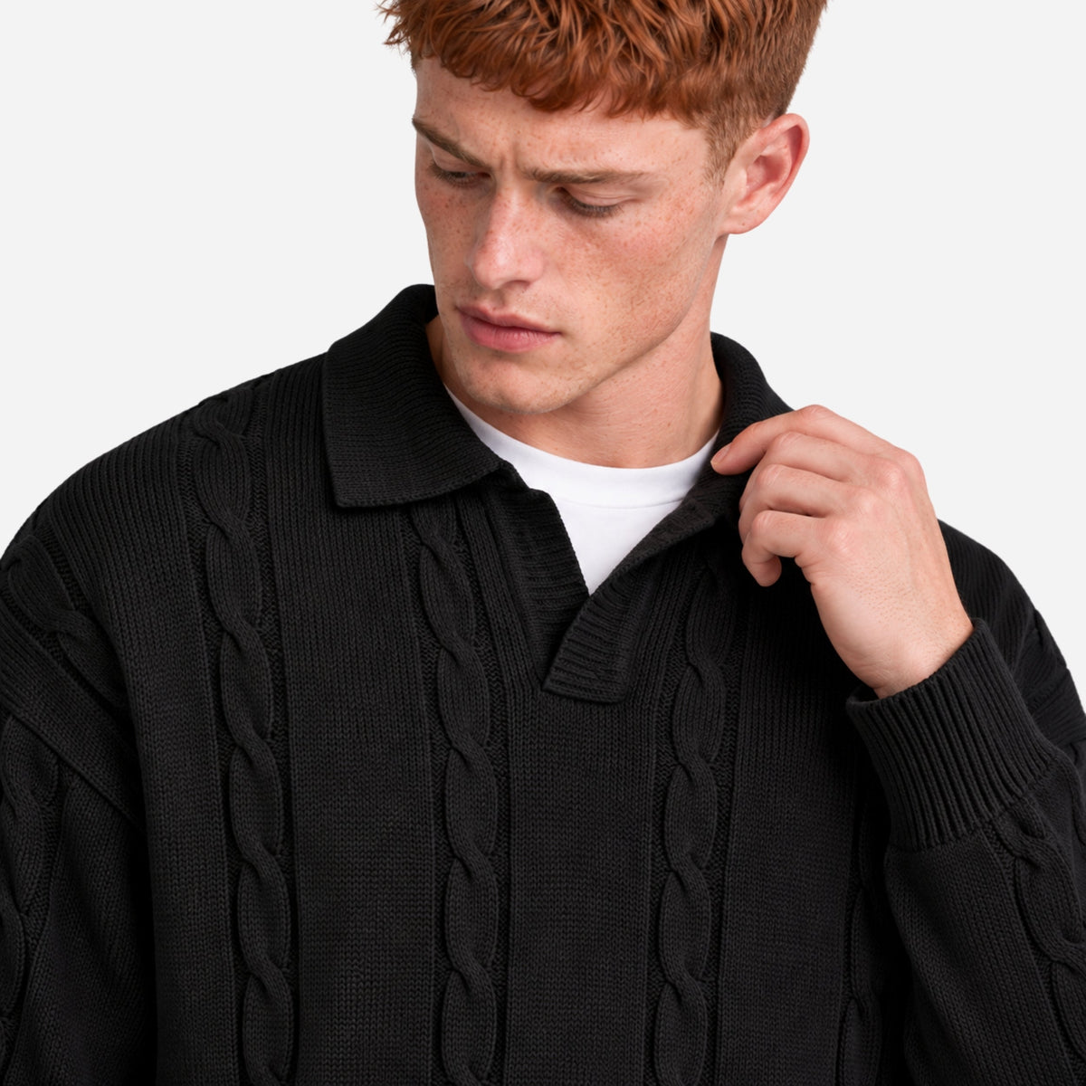 Men’s Cable Knit Open Collar Jumper-Fowsa