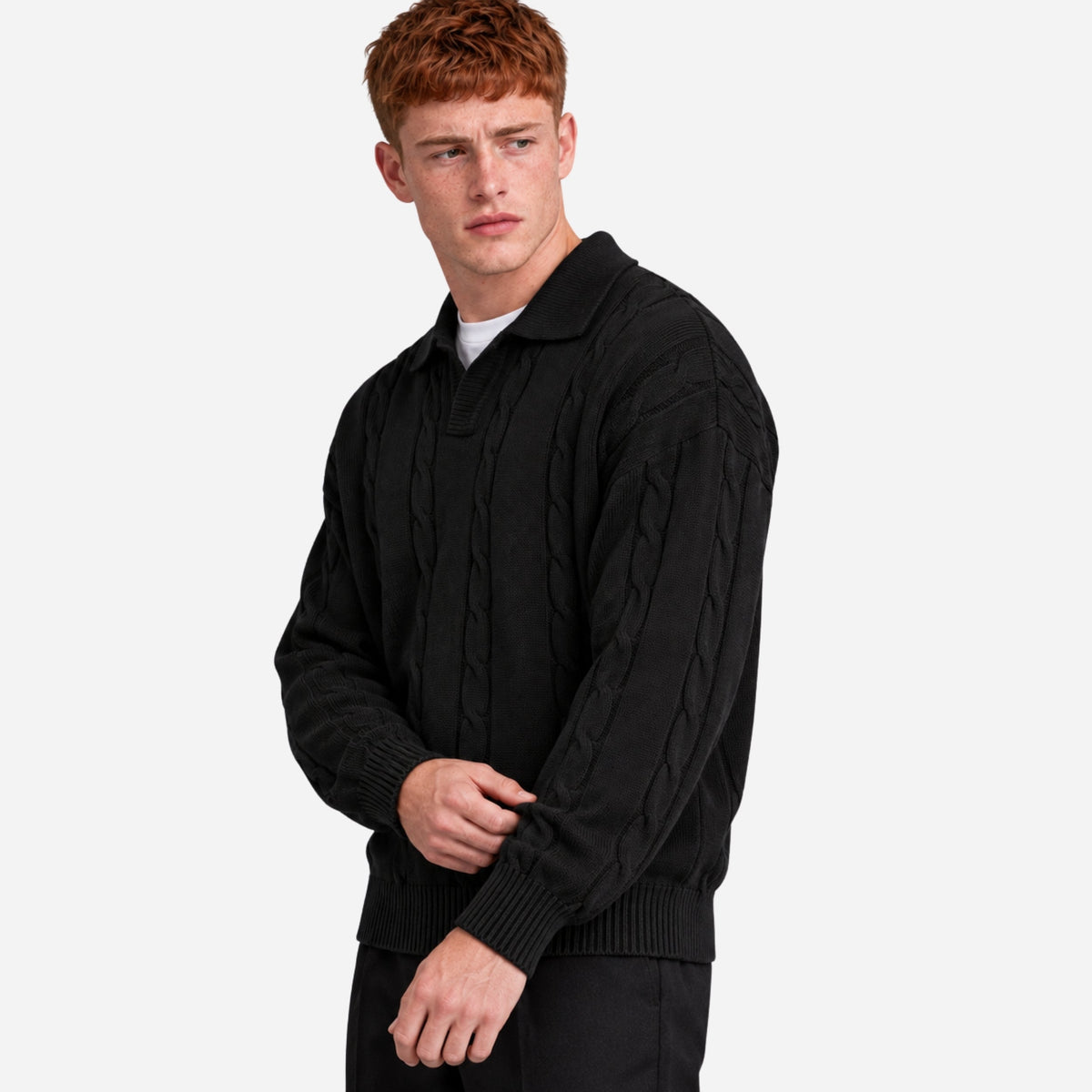 Men’s Cable Knit Open Collar Jumper-Fowsa