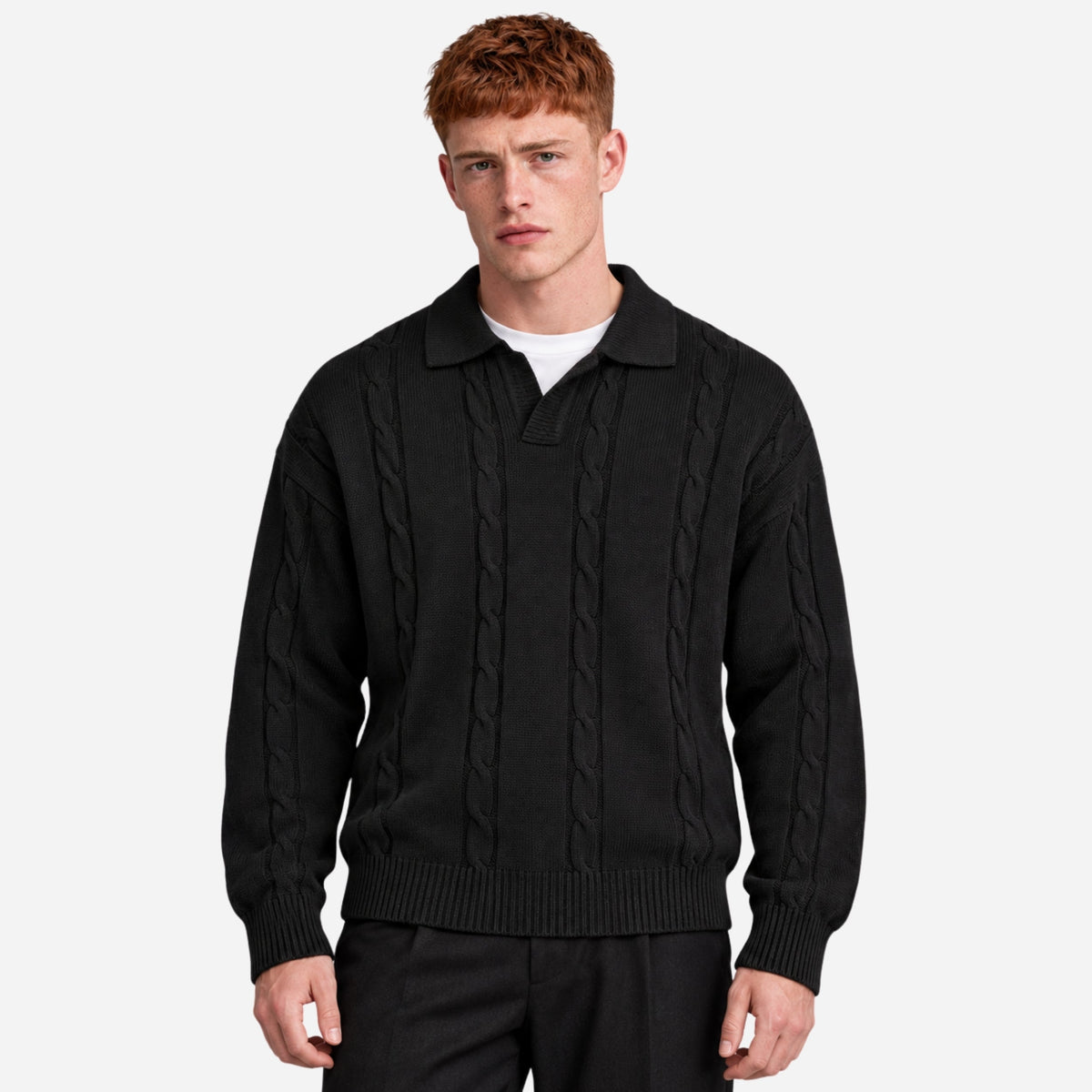 Men’s Cable Knit Open Collar Jumper-Fowsa