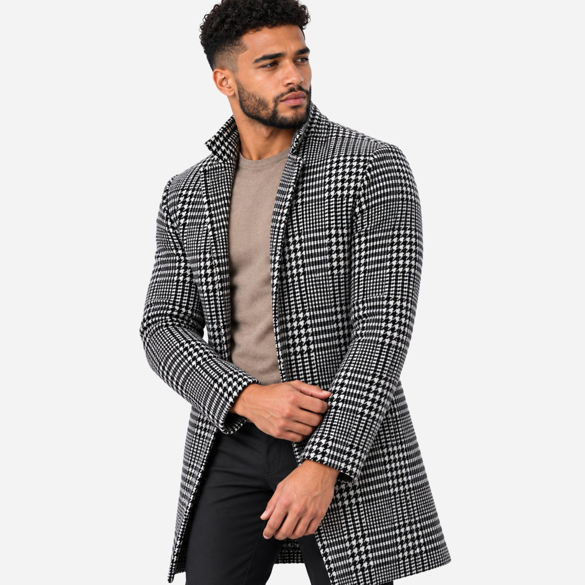 Men’s Checked Open-Front Mid-Length Tailored Coat-Fowsa