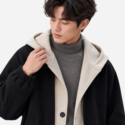 Men's Contrast Hooded Long Coat-Fowsa