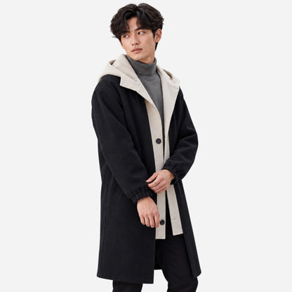Men's Contrast Hooded Long Coat-Fowsa