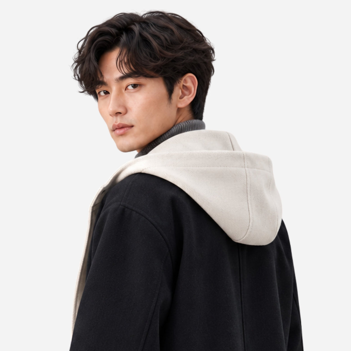 Men's Contrast Hooded Long Coat-Fowsa