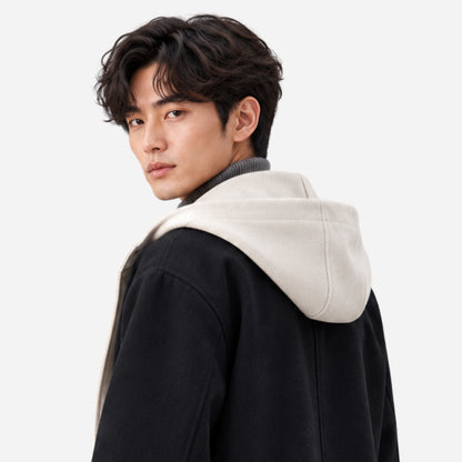 Men's Contrast Hooded Long Coat-Fowsa