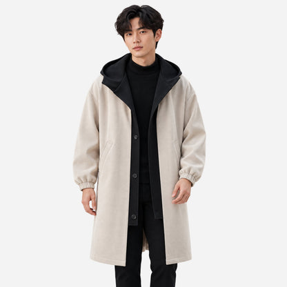 Men's Contrast Hooded Long Coat-Fowsa