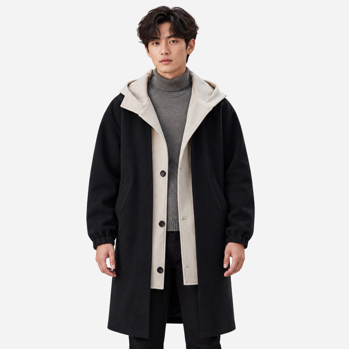 Men's Contrast Hooded Long Coat-Fowsa