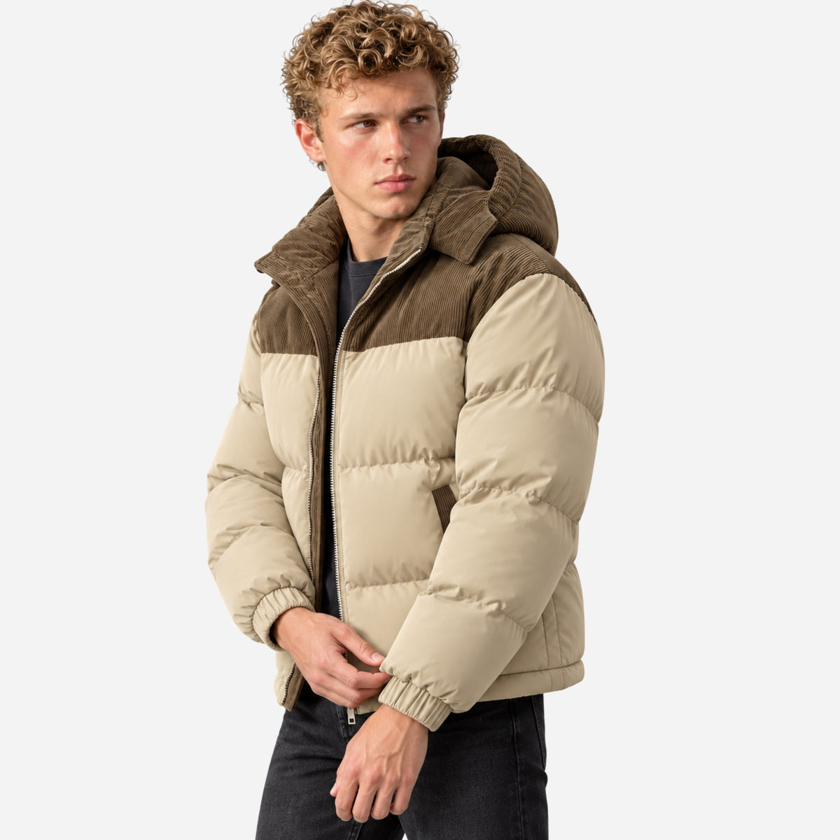 Men's Contrast-Panel Hooded Winter Puffer Jacket-Fowsa