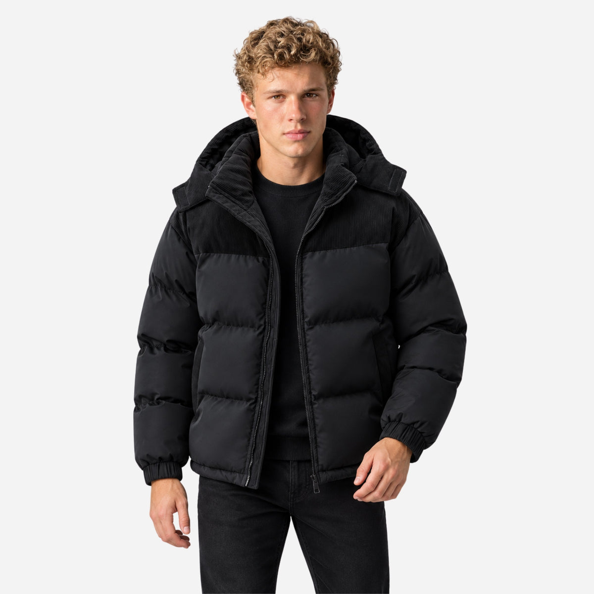 Men's Contrast-Panel Hooded Winter Puffer Jacket-Fowsa