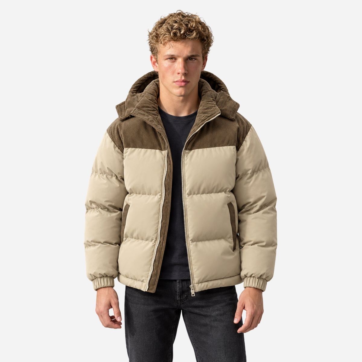 Men's Contrast-Panel Hooded Winter Puffer Jacket-Fowsa