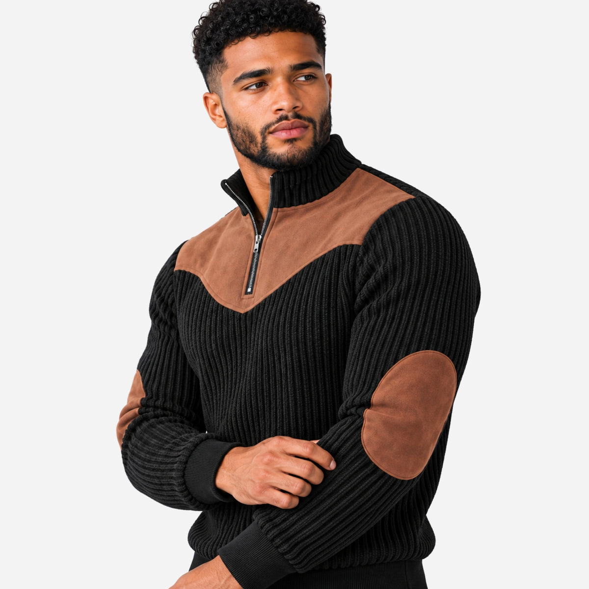 Men’s Contrast-Yoke Half-Zip Ribbed Collar Jumper-Fowsa