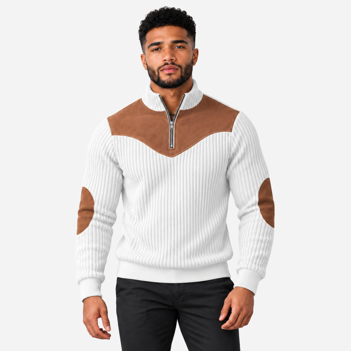 Men’s Contrast-Yoke Half-Zip Ribbed Collar Jumper-Fowsa