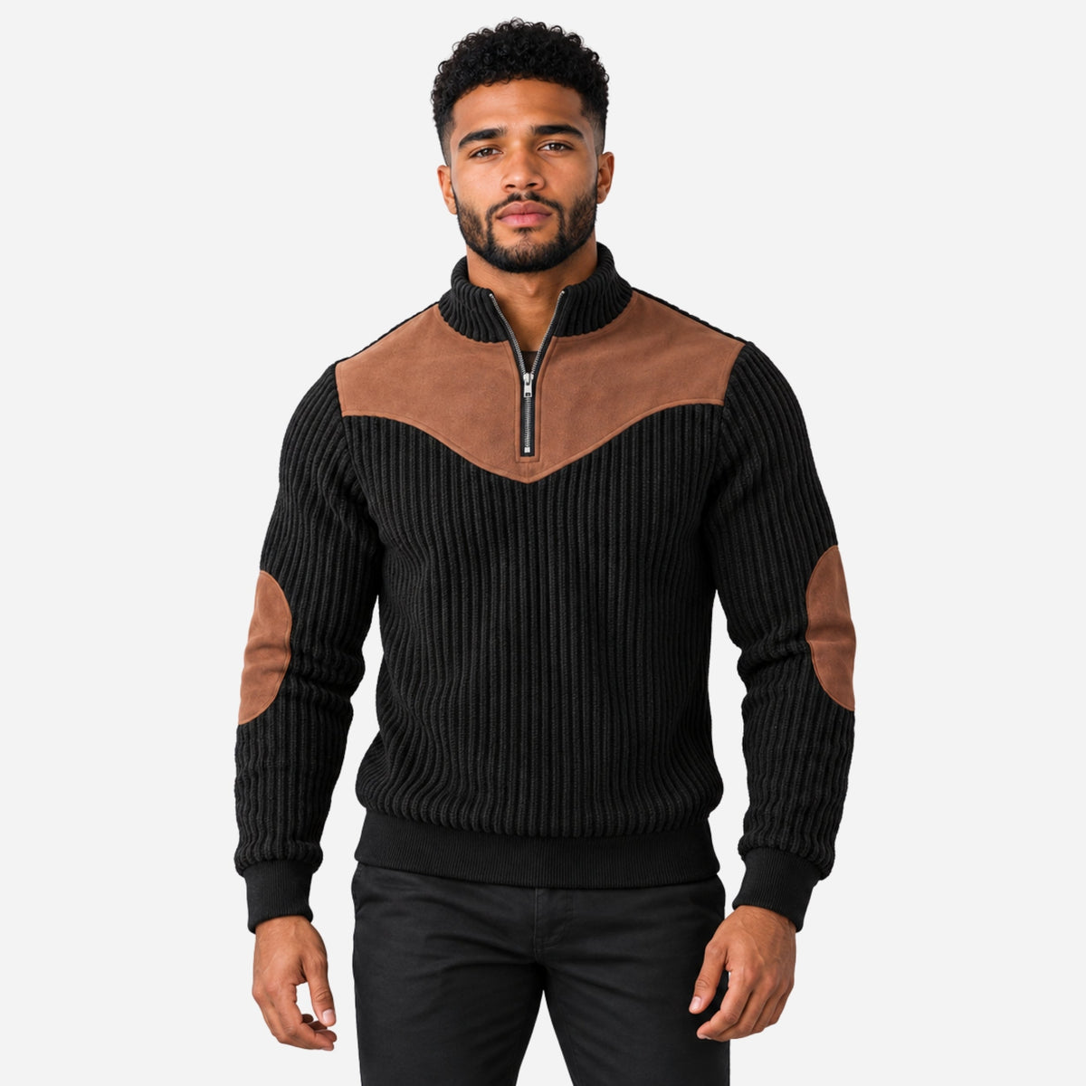 Men’s Contrast-Yoke Half-Zip Ribbed Collar Jumper-Fowsa
