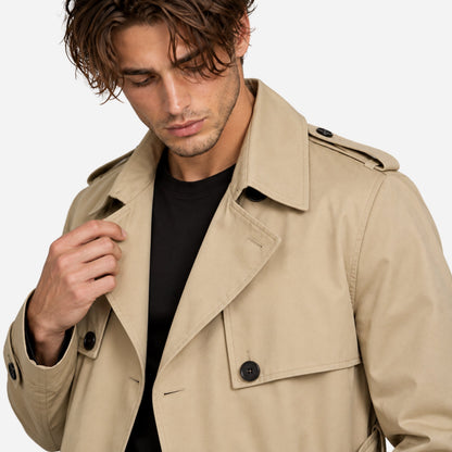 Men's Double-Breasted Belted Trench Coat-Fowsa