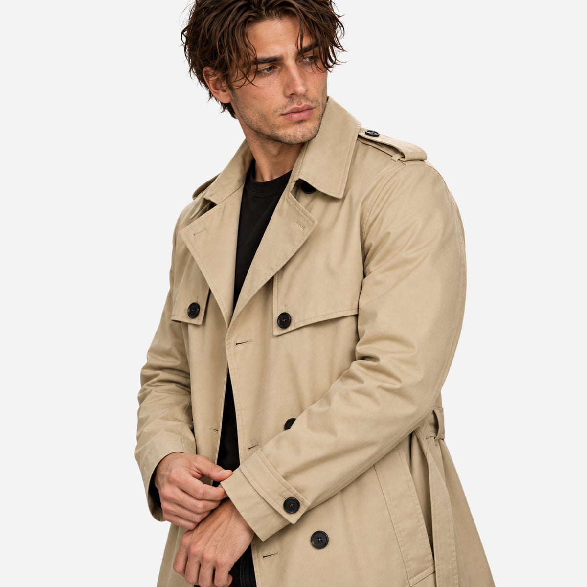Men's Double-Breasted Belted Trench Coat-Fowsa