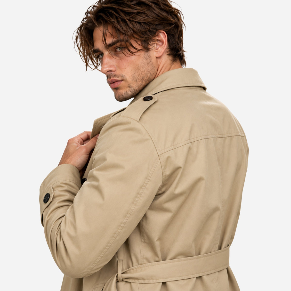 Men's Double-Breasted Belted Trench Coat-Fowsa