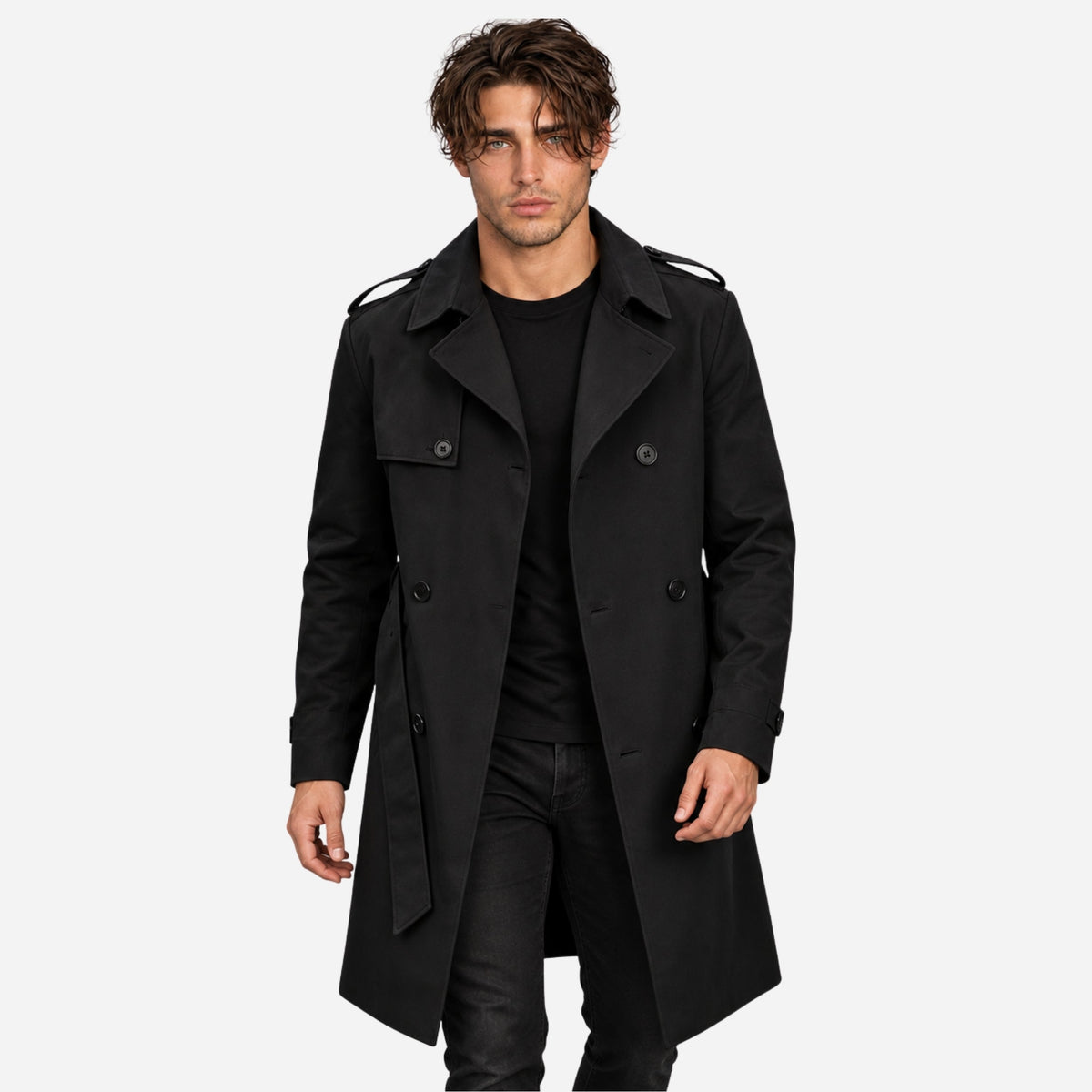 Men's Double-Breasted Belted Trench Coat-Fowsa