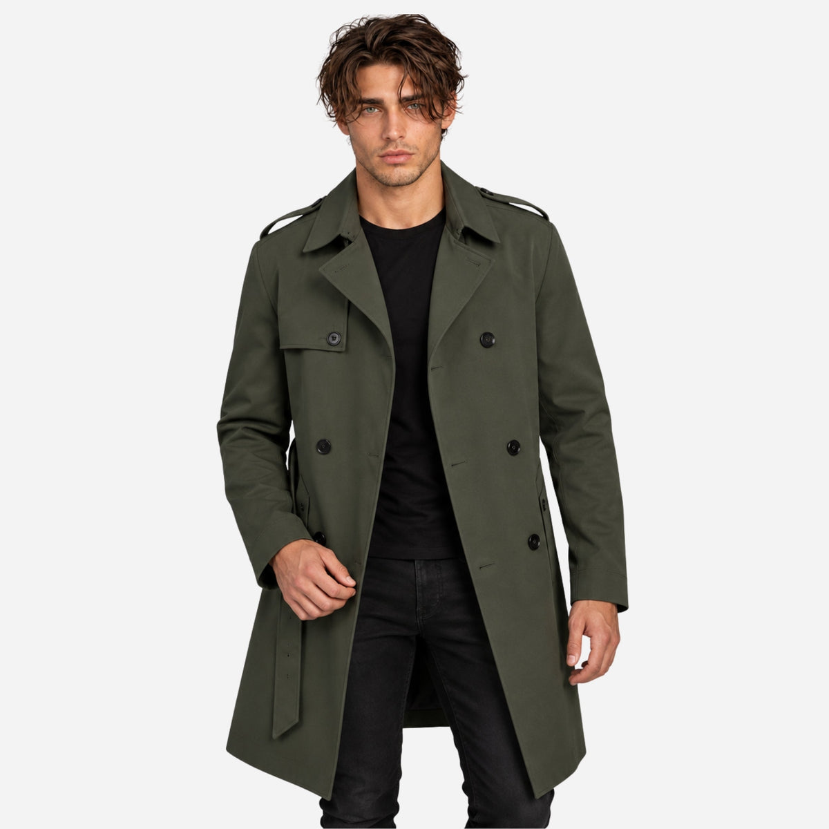 Men's Double-Breasted Belted Trench Coat-Fowsa