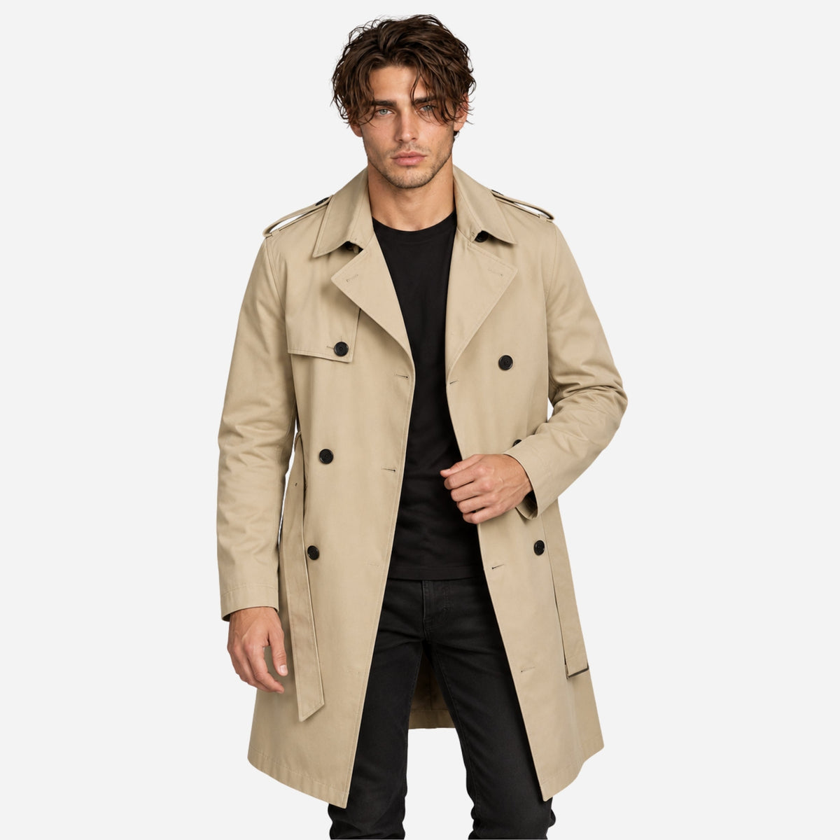 Men's Double-Breasted Belted Trench Coat-Fowsa