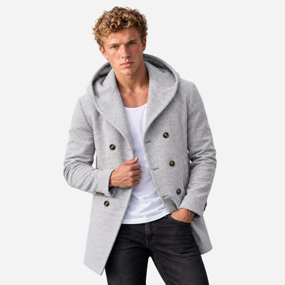 Men's Double-Breasted Casual Hooded Coat-Fowsa