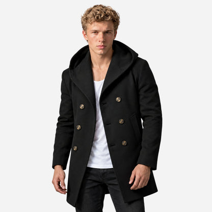 Men's Double-Breasted Casual Hooded Coat-Fowsa