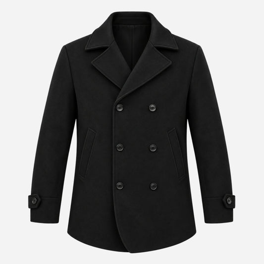 Men's Double-Breasted Cuff-Tab Pea Coat-Fowsa