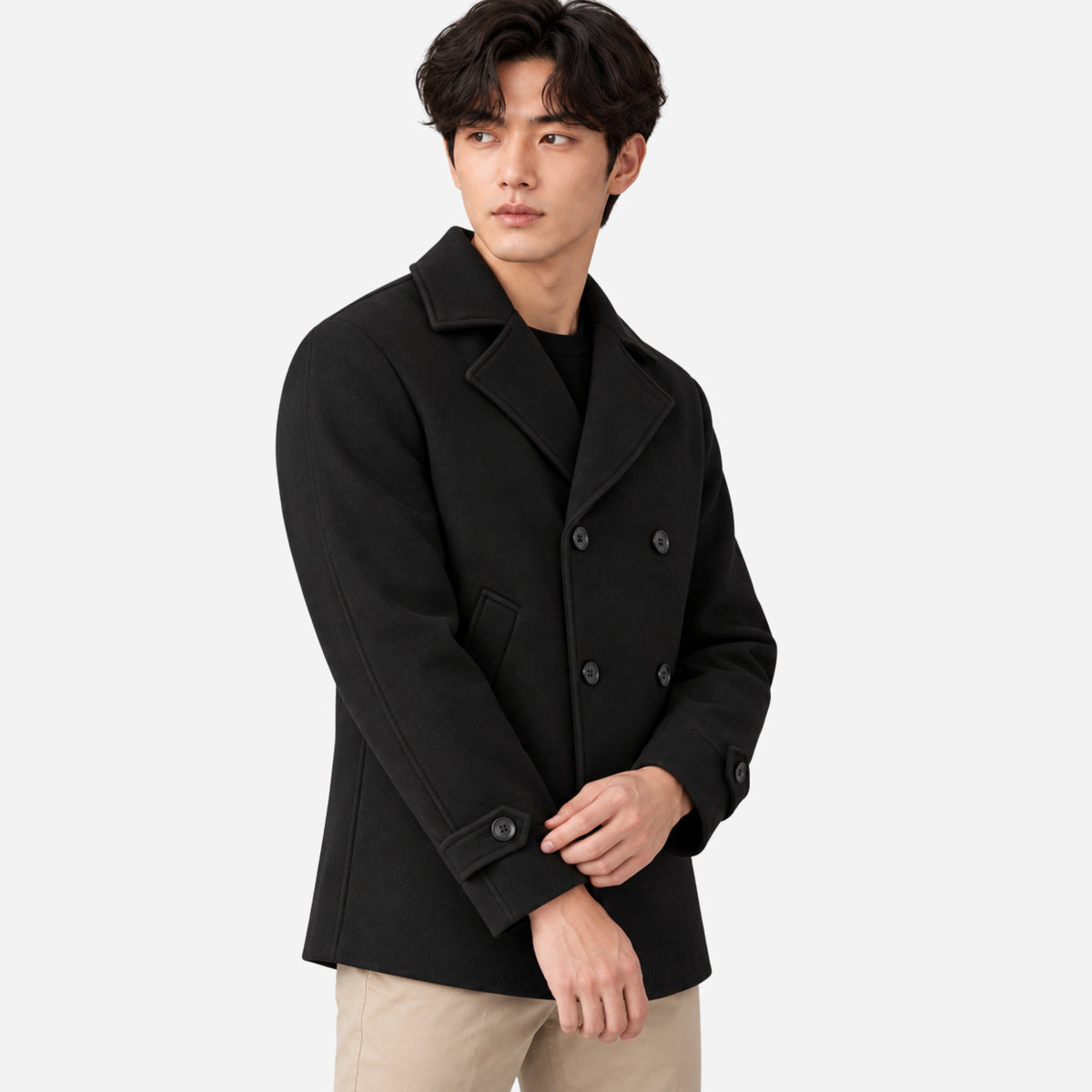 Men's Double-Breasted Cuff-Tab Pea Coat-Fowsa