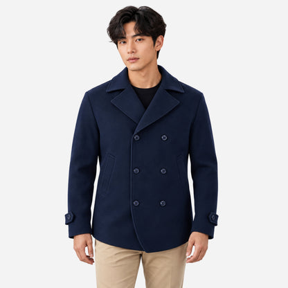 Men's Double-Breasted Cuff-Tab Pea Coat-Fowsa