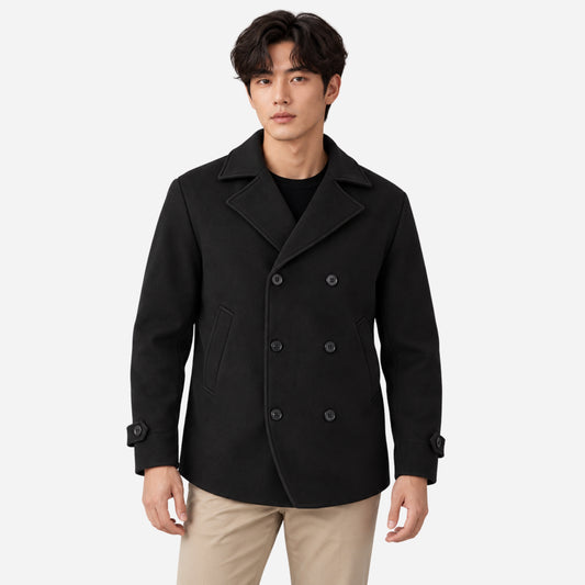 Men's Double-Breasted Cuff-Tab Pea Coat-Fowsa