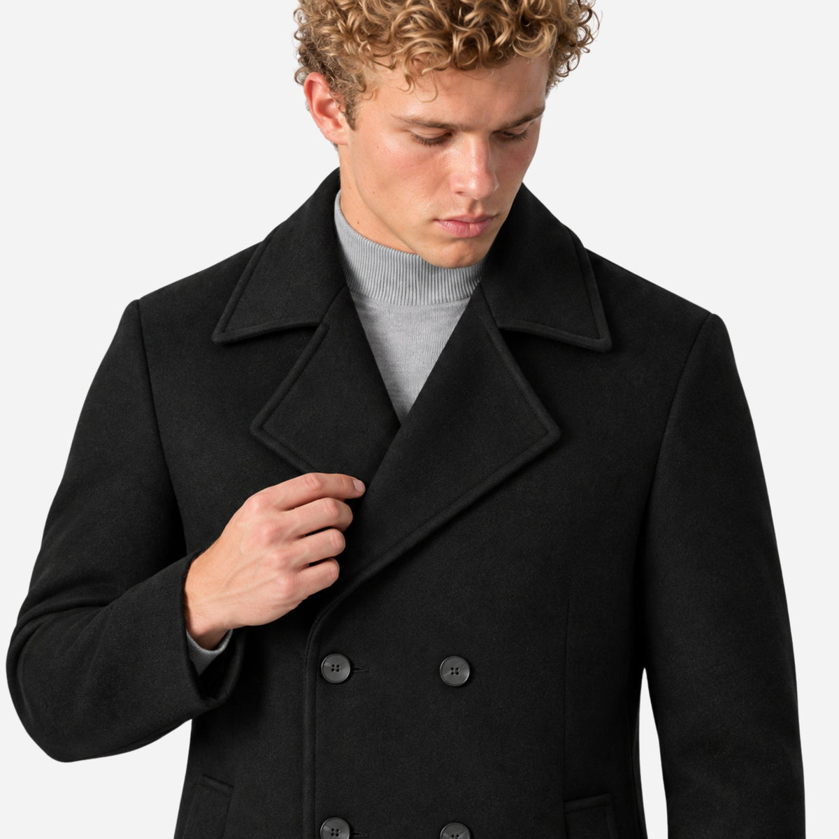 Men's Double-Breasted Notched-Lapel Mid-Length Coat-Fowsa