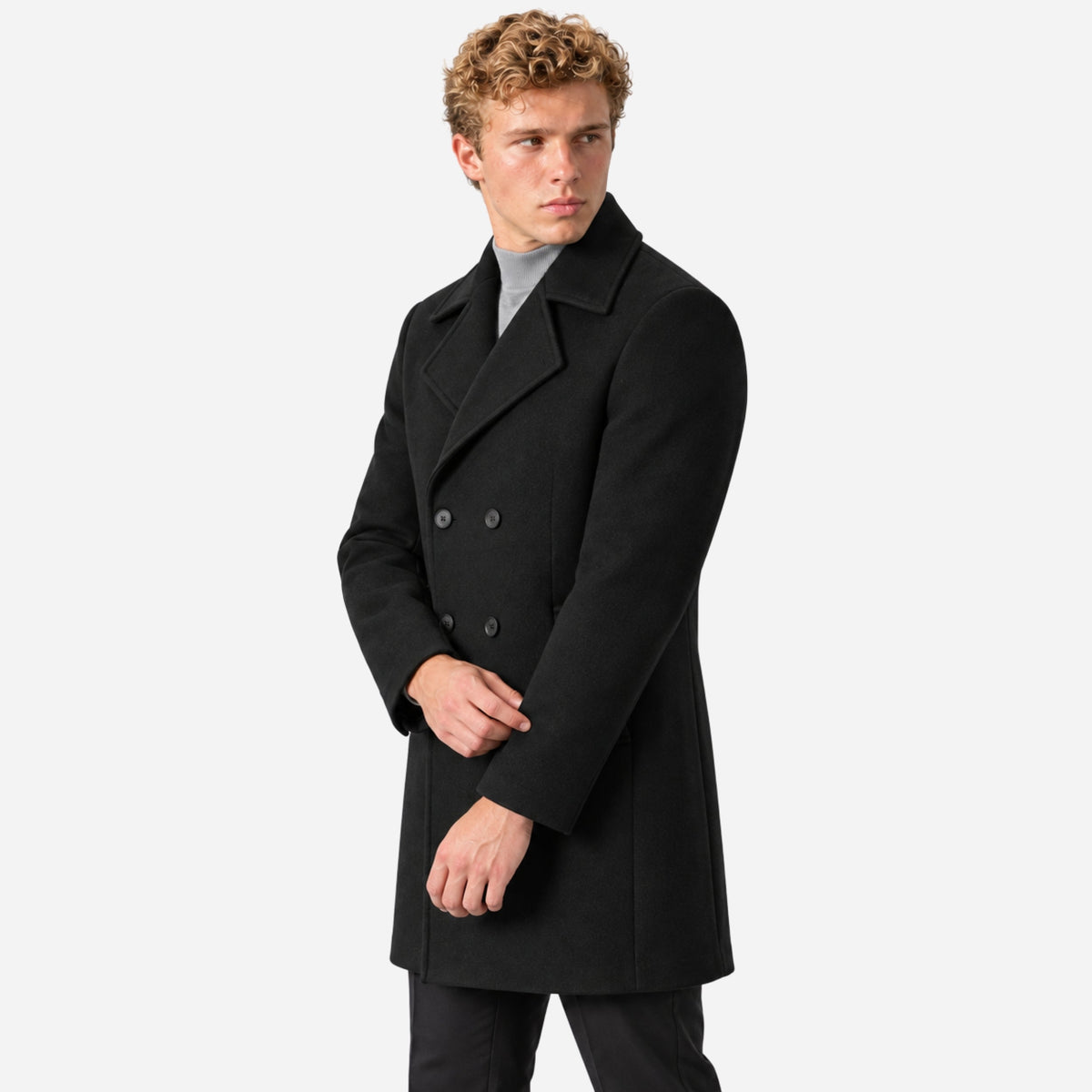 Men's Double-Breasted Notched-Lapel Mid-Length Coat-Fowsa