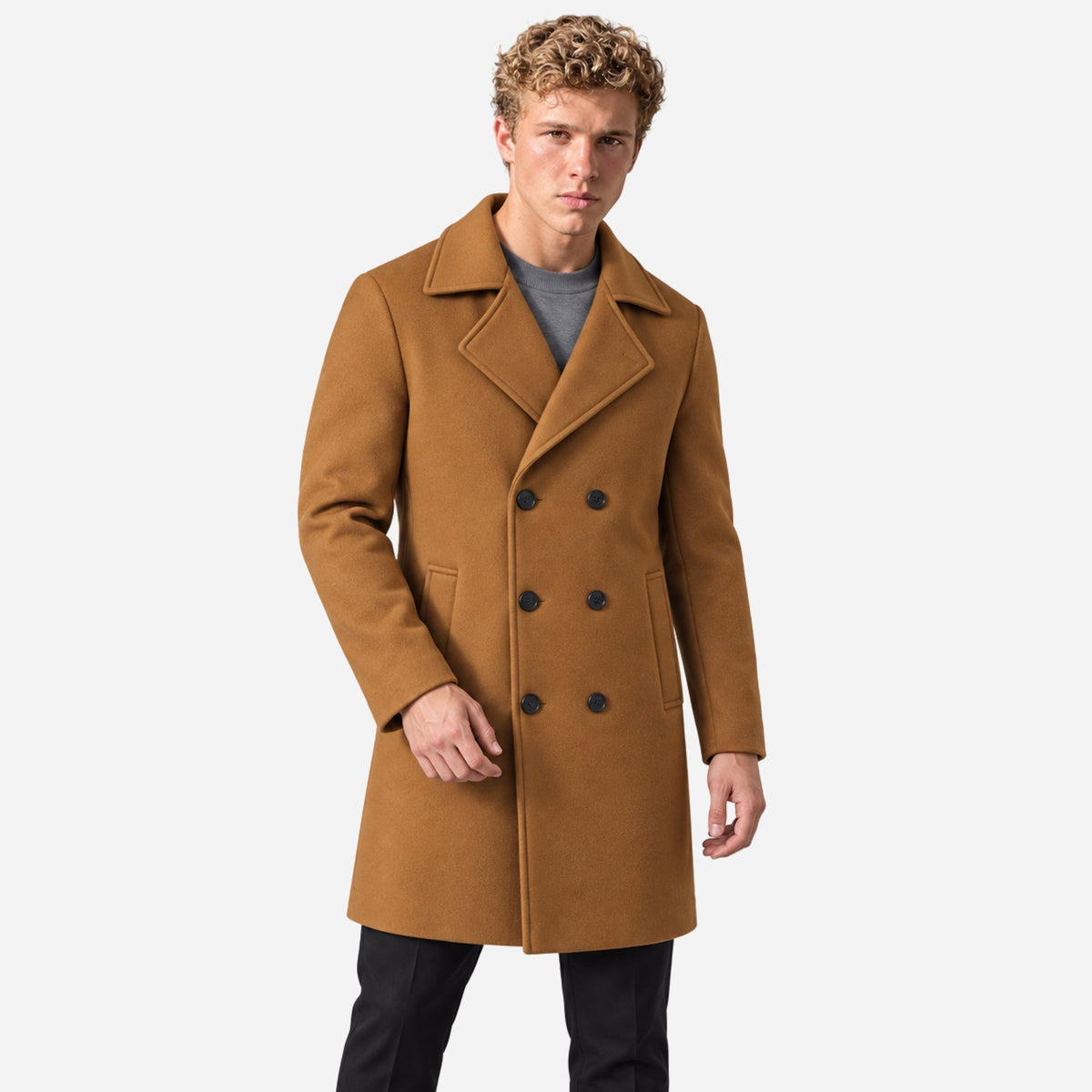 Men's Double-Breasted Notched-Lapel Mid-Length Coat-Fowsa