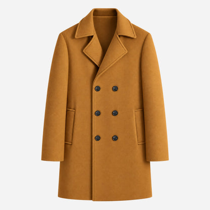 Men's Double-Breasted Notched-Lapel Mid-Length Coat-Fowsa